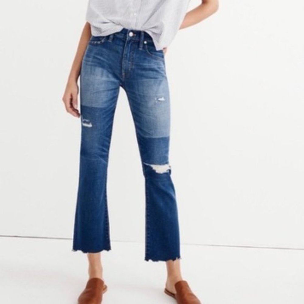 Madewell Cali Demi High Rise Boot Crop Knee Tear Raw Hem Jean